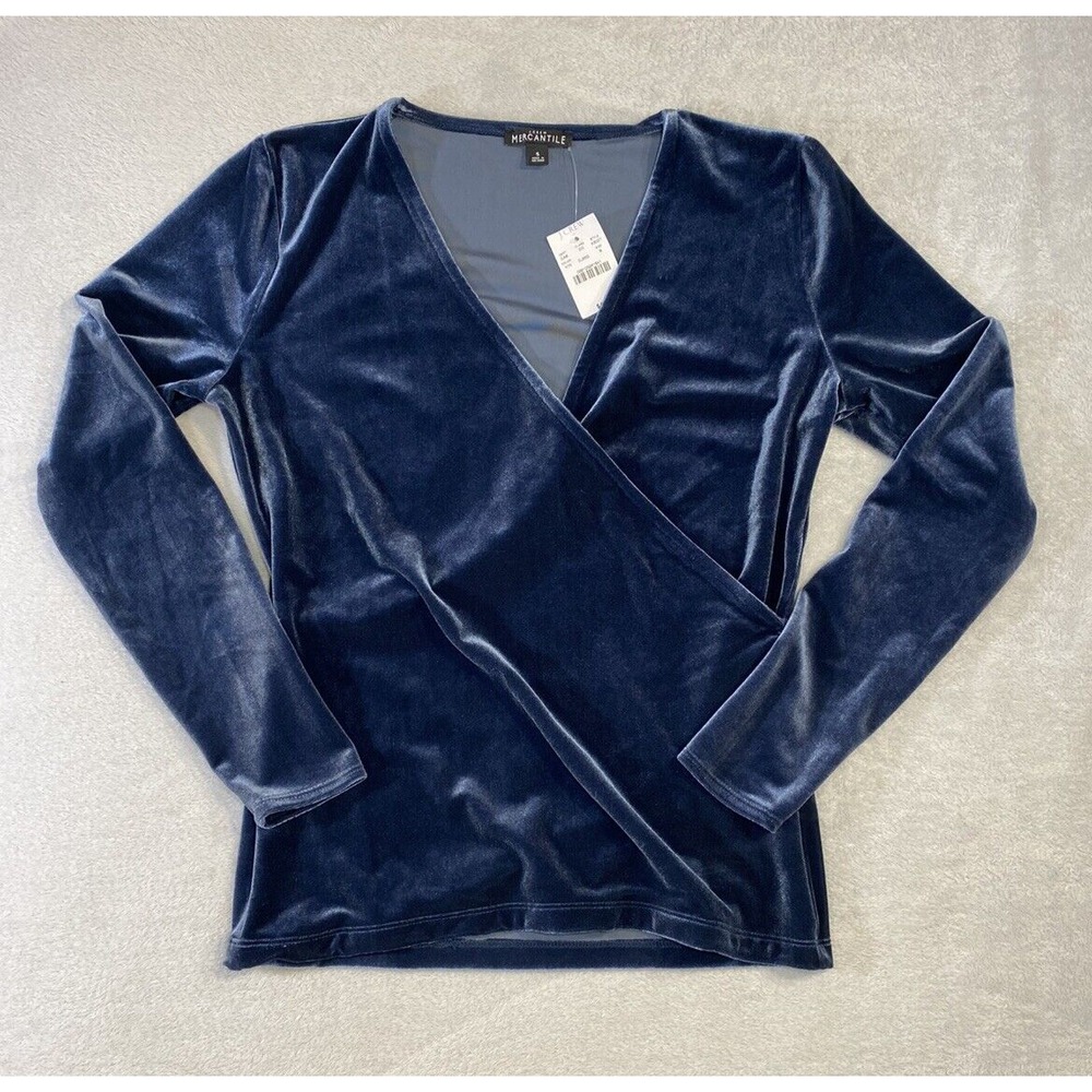 NWT J Crew Mercantile Velvet Top Women M Blue Surplice Faux‎ Wrap Luxury Party